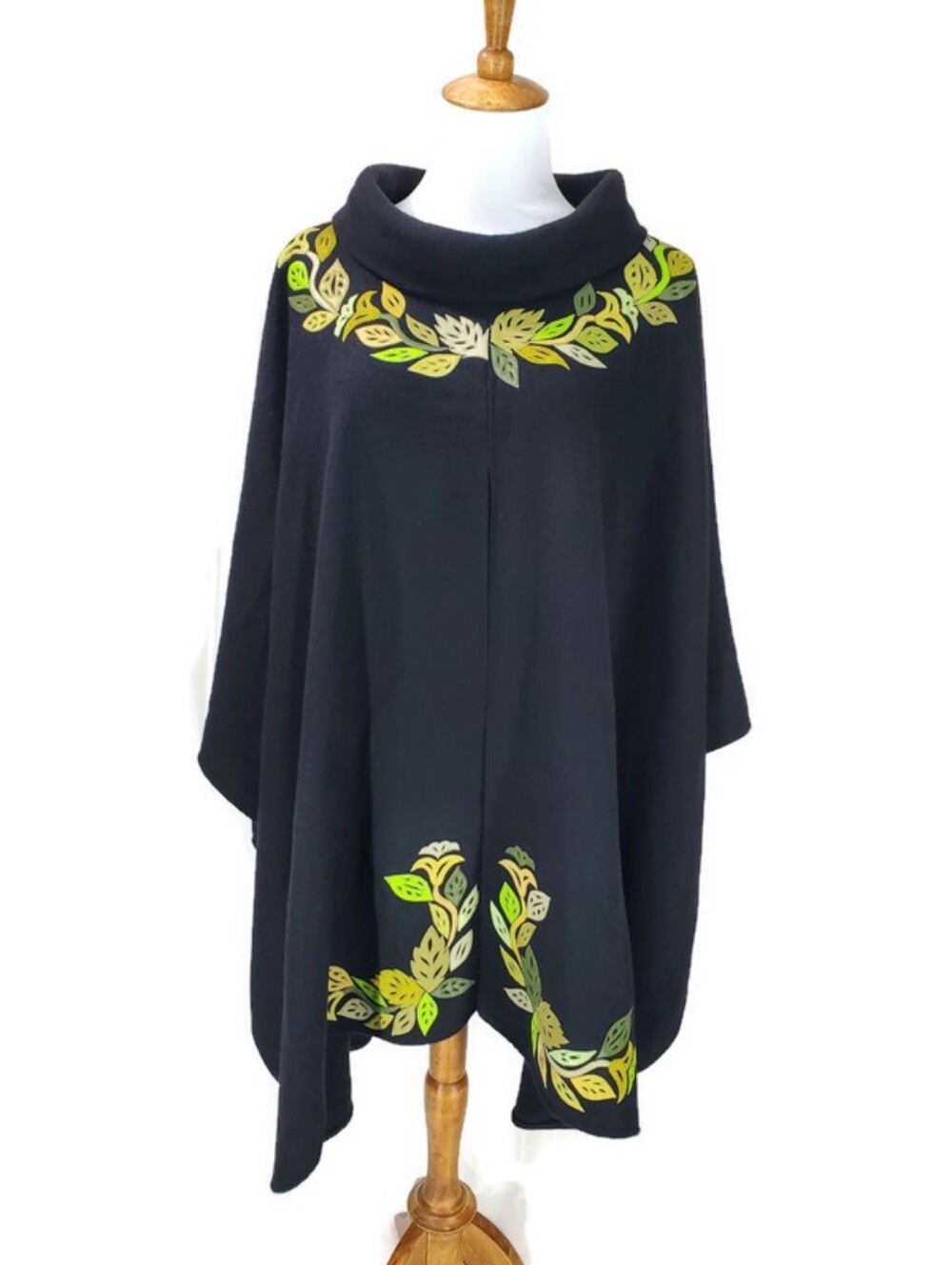 Black Wool Poncho/Cape Leather Leaf Applique' Cowl Neck Fall Jacket Chartreuse